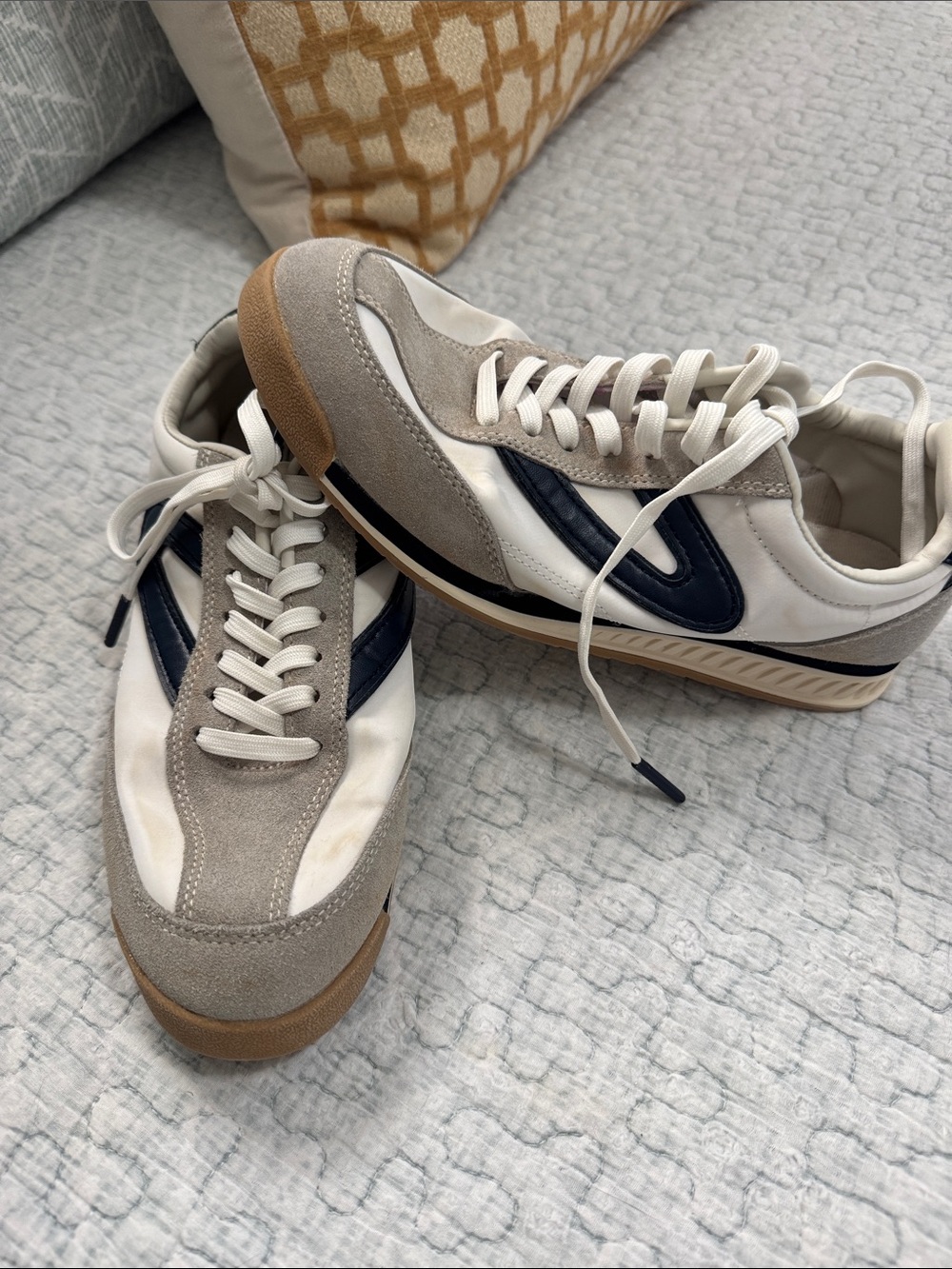 Tretorn Low-Top Sneakers in White, Gray & Navy with Gum Sole